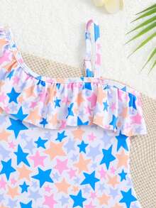 Young Girl Star Print Asymmetric Neck One-Piece Swimsuit - Baby Blue - View 3