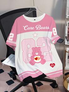 SHEIN X Care Bears 大尺碼女款數位熊圖案對比色圓領短袖T恤 - 白色 - 查看 3
