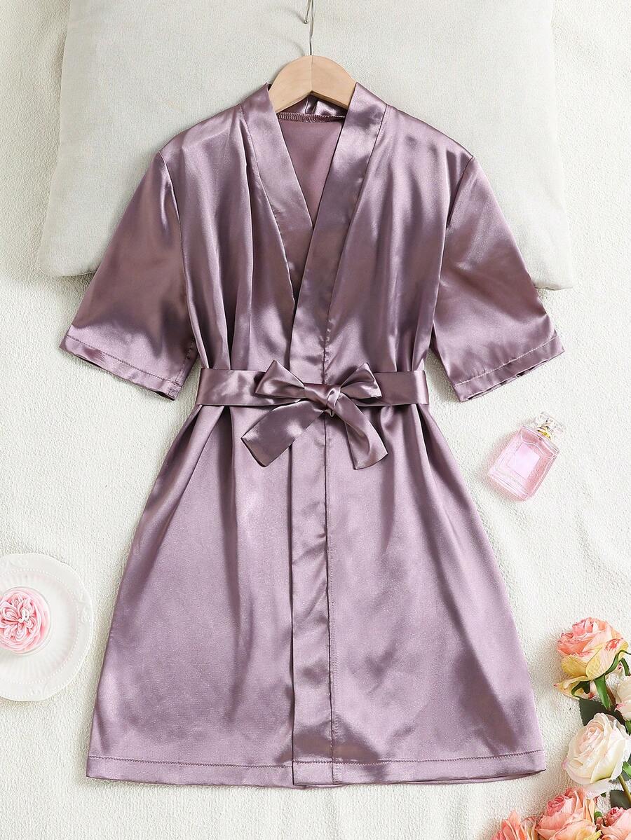 Girls' Elegant Premium Purple Comfortable Soft Satin Fabric Short Sleeve Regular Fit Pajamas Loungewear - Purple - View 1