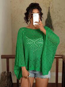 Travachic Plus Size Fashionable Solid Color Hollow Out Batwing Sleeve Sweater Autumn Winter Clothes For Women Fall - Green - View 3