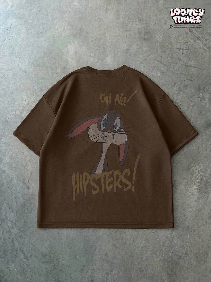 LOONEY TUNES X SHEIN PAVTROS Áo thun nam tay ngắn cổ tròn in chữ và hoạt hình - Cà phê nâu - Xem 1