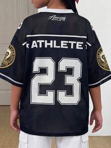 青少年女孩夏季運動風落肩聚酯纖維印號碼長版寬鬆T恤 嘻哈簡約街頭風饒舌歌手球衣T恤 - 黑色 - 查看 3