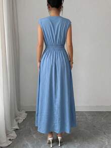 SHEIN Clasi Plus Size Small V-Neck Waist-Defining Flared Long Casual Daily Women's Dress - Blue - View 2