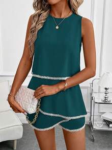 SHEIN Clasi Women's Sleeveless Top And Ruffle Skorts Contrast Trim Set - Teal Blue - View 5