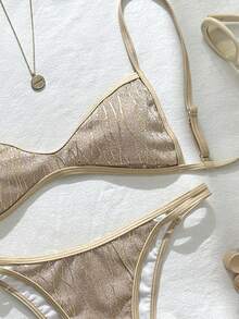 SHEIN Swim 夏季海灘女款兩件式比基尼泳衣套裝，特殊金線紋理布料，迷你罩杯雙肩帶上衣，雙繩三角泳褲，性感海邊度假泳裝 - 香檳色 - 查看 6