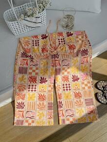 Comfortcana Spring/Summer Vacation Ocean Floral Print Casual Lace-Up Plus Size Long Pants - Multicolor - View 5