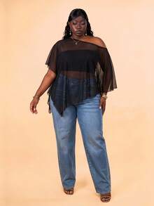 CurvyTilda Plus Size Women Solid Color Asymmetric Neck Summer Vacation Versatile Sexy Country Blouse, For Hourglass Body Shape Clubbing Concert Black - Black - View 3