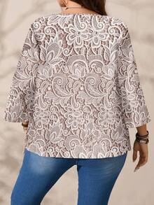 EMERY ROSE Plus Size Women Casual All-Over Print Round Neck Loose 3/4 Sleeve Shirt, Autumn/Winter - Dusty Pink - View 6