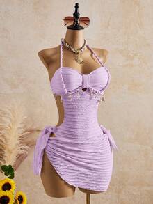 Bellisia 26SS Spring/Summer Vacation Apricot Vintage Square Neck Slimming Braided Rope Starfish Shell Halter One-Piece Top & Skirt Swimsuit 2pcs Set - Purple - View 4