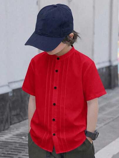 SHEIN Tween Boy Solid Color Single-Breasted Casual Versatile Daily Outing Short Sleeve Shirt