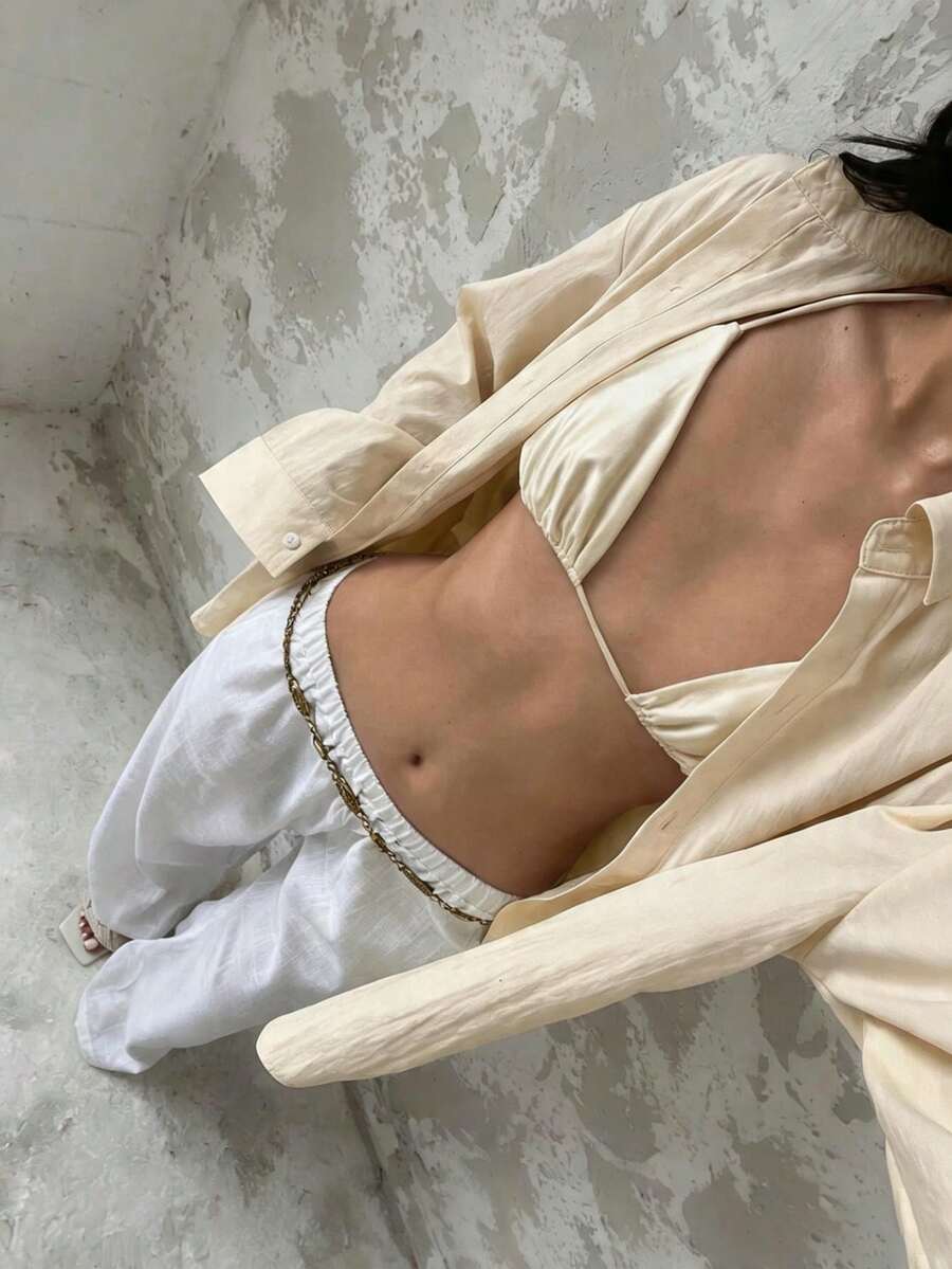 Glamine 淺黃色休閒寬鬆長袖襯衫 - 杏色 - 查看 1