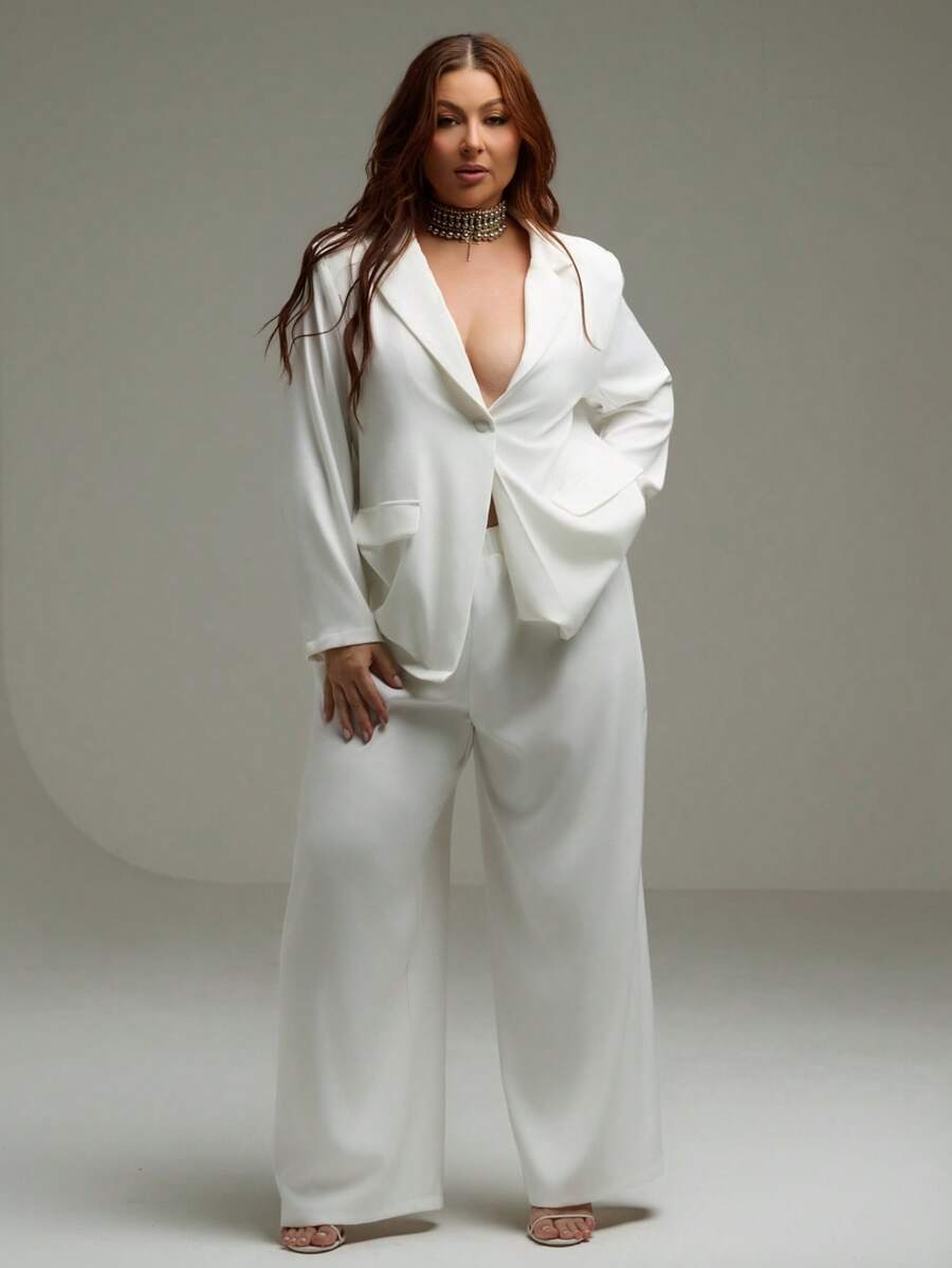 Lele Munniz 大码纯色宽松翻领长袖女式西装套装 - 白色 - 查看 1