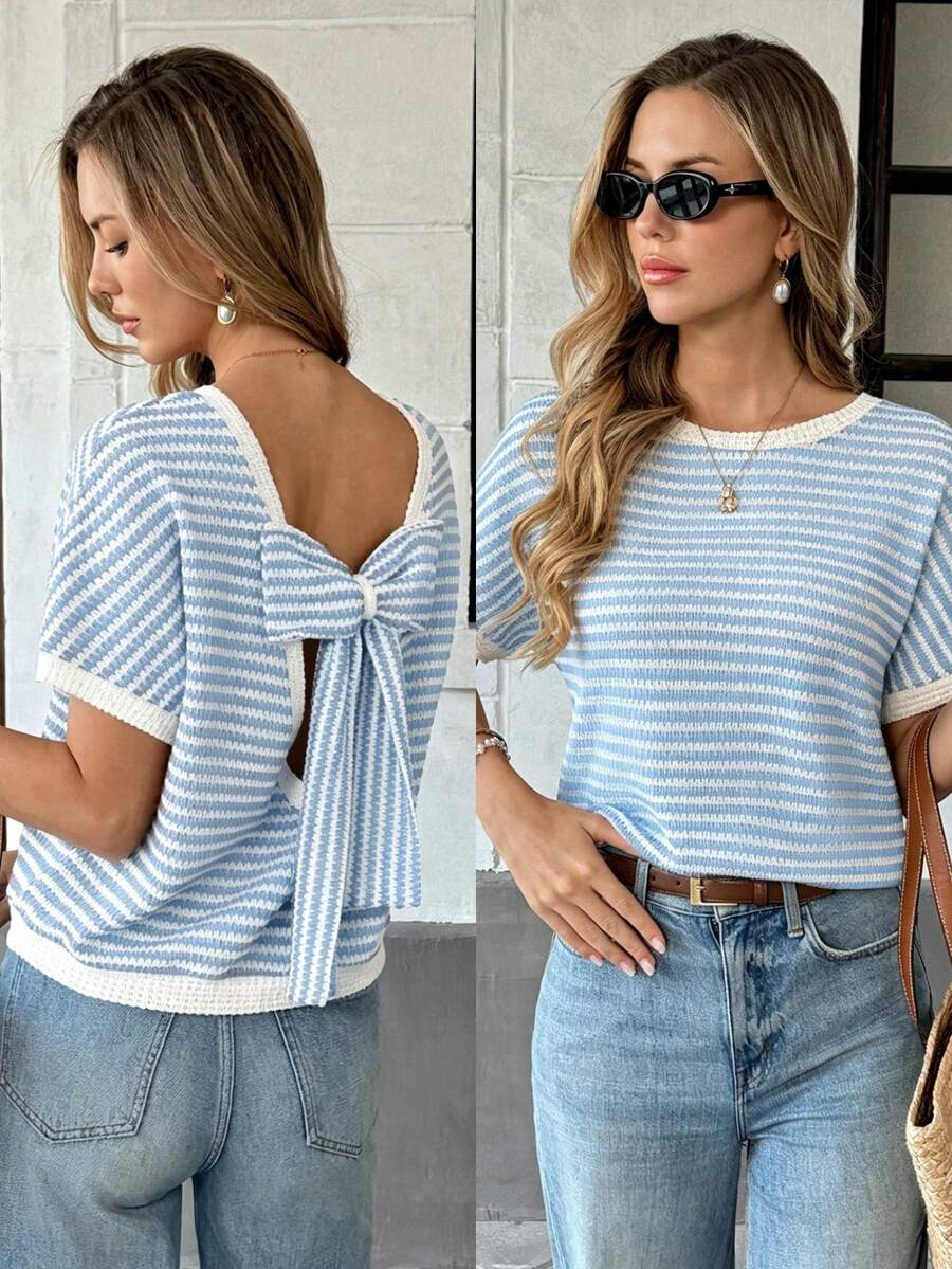 SHEIN PariChic ملابس علوية نسائية جديدة برقبة دائرية وأكمام قصيرة مع فيونكة خلفية مخططة، مناسبة للسفر والتسوق والمواعدة - الأزرق - مشاهدة 1