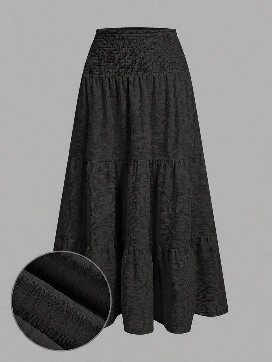 SHEIN MOD Rok Kasual Wanita Warna Polos dengan Lipatan di Pinggang untuk Liburan - Hitam - View 1