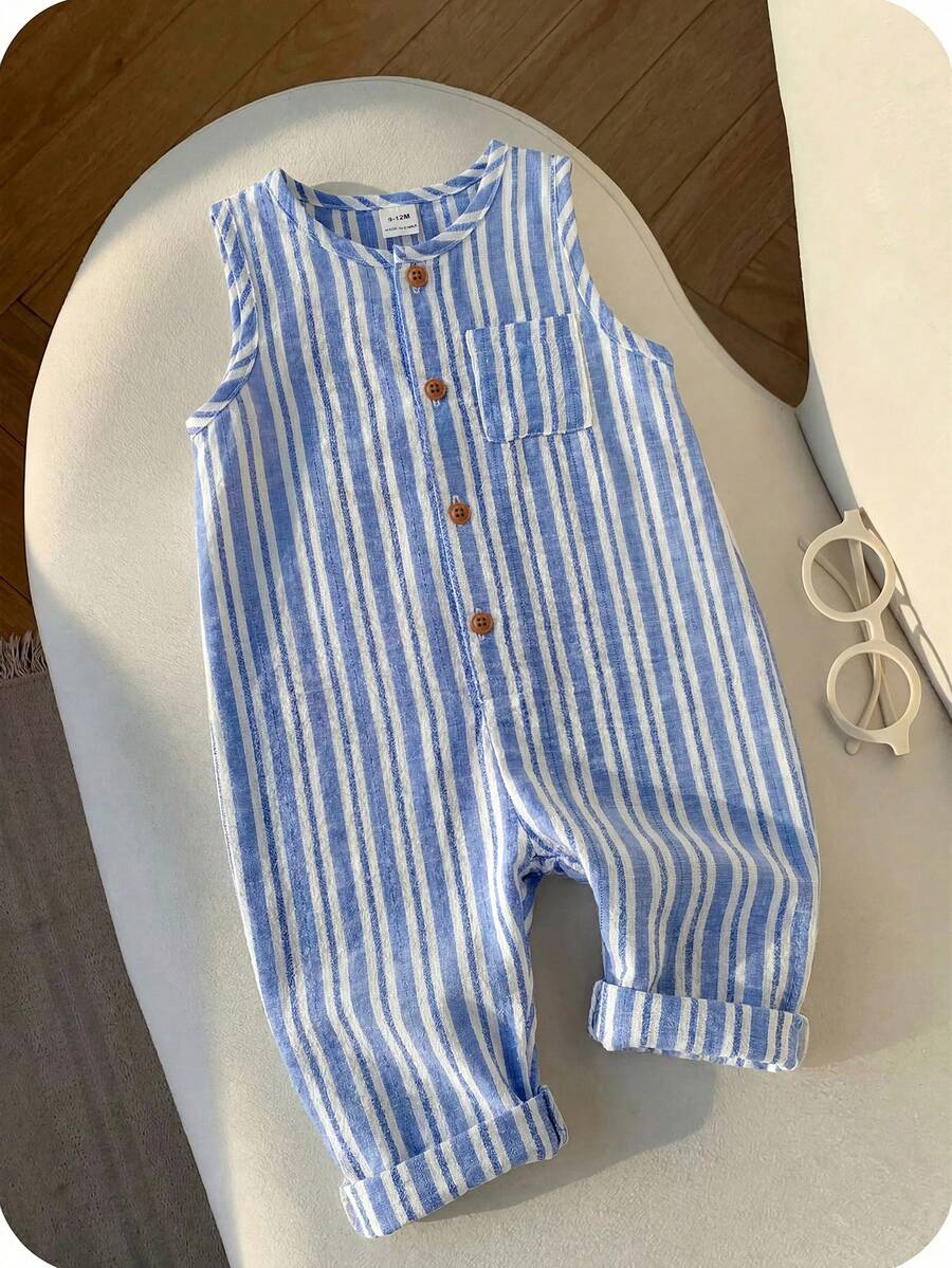 SHEIN 中性新生兒嬰兒男孩女孩春/夏可愛杏色條紋無袖連身褲,適合度假、休閒、日常穿著,百搭,春/夏嬰兒男孩服飾套裝 - 彩色 - 查看 1