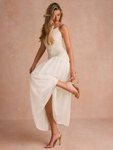 Enchnt Women's White Elegant Tropical Sequin Summer Lace Patchwork Spaghetti Strap Long Slip Dress,Dining Formal Vacation Party Wedding Prom Ceremony Dress - Beige - View 6