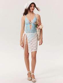 SHEIN 花卉蕾丝交叉低胸连体衣内衣 - 淺藍色 - 查看 4