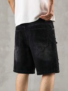 QuarKem Celana Pendek Denim Kasual Longgar dengan Saku Sobek Polos untuk Pria, Cocok untuk Nongkrong, Pesta, Liburan, dan Jalanan - Dark Grey - View 5