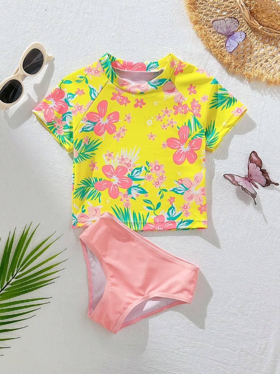 SHEIN 女童幼兒植物印花泳衣套裝,短袖,休閒版型,適合玩耍與度假 - 黃色 - 查看 1