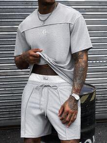 SLATEMANN Men's Embroidered Versatile Crew Neck Short Sleeve T-Shirt And Drawstring Waist Pocket Shorts Set - Grey - View 1