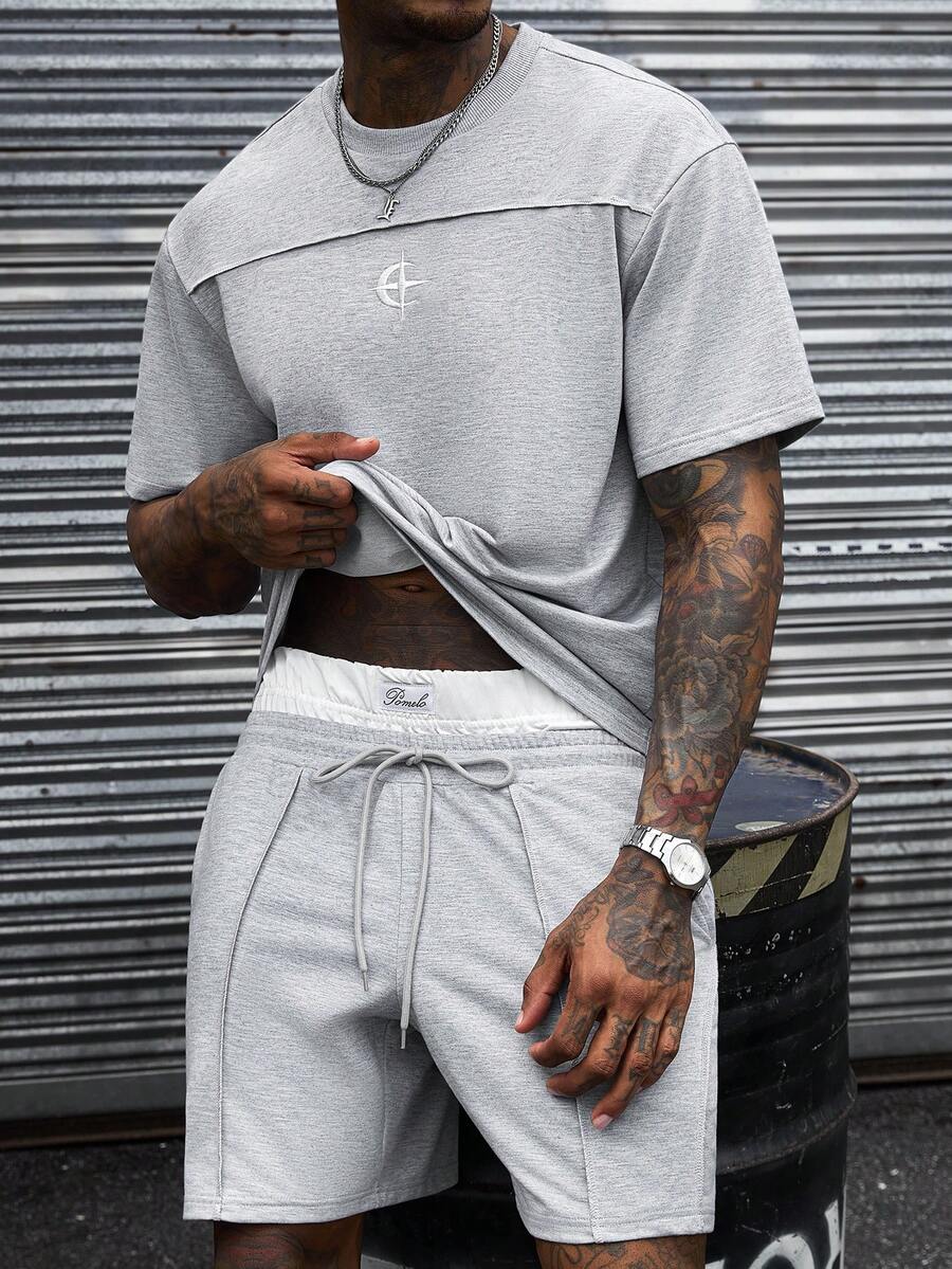 SLATEMANN Men's Embroidered Versatile Crew Neck Short Sleeve T-Shirt And Drawstring Waist Pocket Shorts Set - Grey - View 1