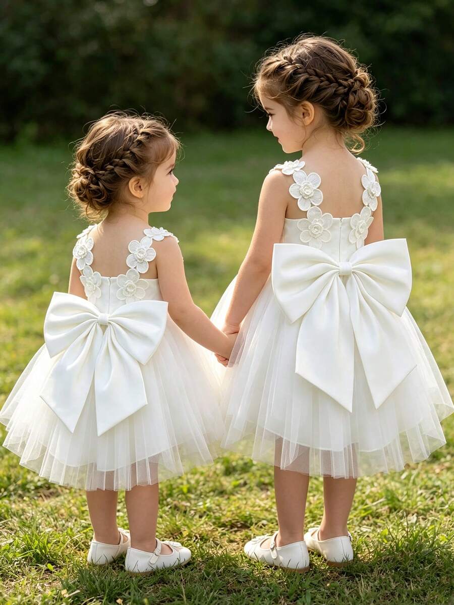 Glamorique Kids 女婴白色正式礼服,柔软薄纱面料,缎面紧身胸衣饰有3D立体花朵,背部饰有超大蝴蝶结,前短后长拖尾,适合婚礼、生日派对、选美比赛、毕业典礼、舞会、暑假等场合。 - 米色 - 查看 1