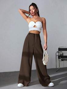 SHEIN EZwear 100%纯棉高腰阔腿裤，棕色，百搭款式，适合休闲、学术、派对、毕业典礼、返校、度假和办公场合穿着。 - 棕色 - 查看 4
