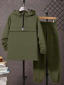 SHEIN 青少年男款字母貼布長袖連帽外套與長褲休閒套裝 - 軍綠色 - 查看 4