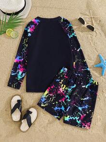 SHEIN Traje de baño de 2 piezas tipo tankini ajustado casual con estampado de videojuegos que brilla en la oscuridad para niño preadolescente, adecuado para primavera/verano, vacaciones en la playa - Multicolor - View 3