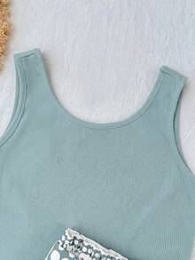 SHEIN Tween Girls Tank Top Co-Ords Print Tank Top And Paper Bag Shorts 2 Pieces Set - Mint Green - View 3