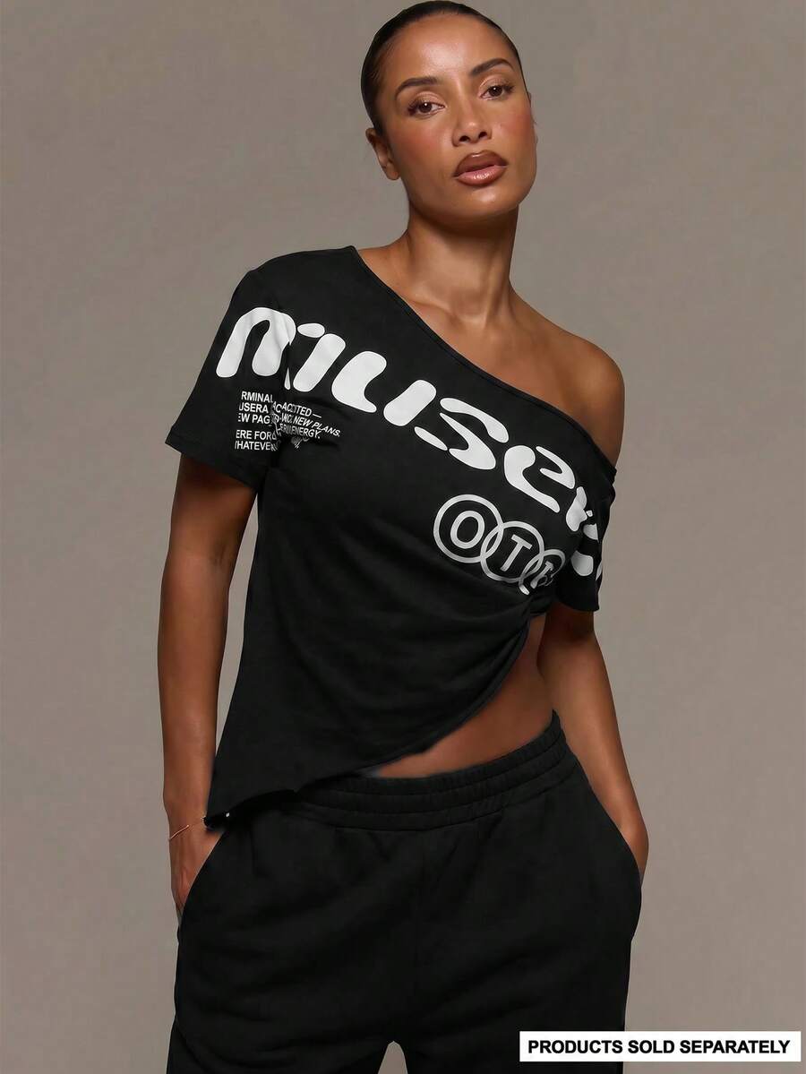 MUSERA Off The Shoulder Graphic Printed Cinched Ruched Side Triangle Hem Tshirt Tee Cute Everyday Daily Lounge Airport Holidays Vacation Summer Altitude - Black - View 1