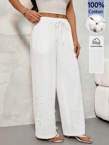 SHEIN PETITE Women's Casual Solid Color Beaded Bow Decor Pants ,Petite Women - White - View 4