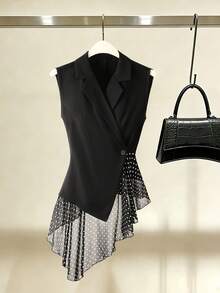 Modelyn Plus Size Women's Lapel NeckPatchwork Black Mesh Asymmetric Hem Fashion Sleeveless Blazer Office Date Night Summer Smart Elegant - Black - View 6