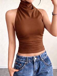 Rina Fox Summer Sexy Solid Color Backless Halter Top - Brown - View 3