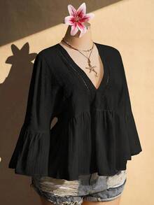 SHEIN ICON 大尺碼女款純色V領百褶休閒百搭日常外出上衣 - 黑色 - 查看 8