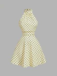 SHEIN MOD Women's Elegant 70s Retro Black White Polka Dot Print Halter Neck Mini Dress For Summer Party Festival Festa Junina Elegant Party Wedding Party Dress - Yellow - View 5