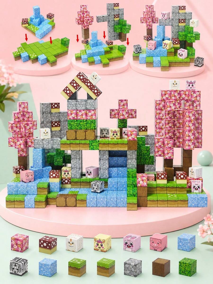 MINKOJA 创意森林磁性积木,可搭建3D世界的磁性积木,适合3岁以上儿童的感官搭建堆叠磁性积木玩具,男孩女孩生日礼物,复活节礼物,儿童节礼物,旅行玩具,磁性积木,建筑积木,儿童磁性积木玩具 - 彩色 - 查看 1