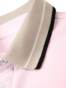 Calvornis Men's Ribbed Collar Embroidered Short Sleeve Casual Polo Shirt, Ceremony - Pink - View 3
