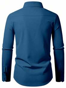 Manfinity Mode Men's Long Sleeve Single-Breasted Solid Color Minimalist Shirt, Formal - Teal Blue - View 2