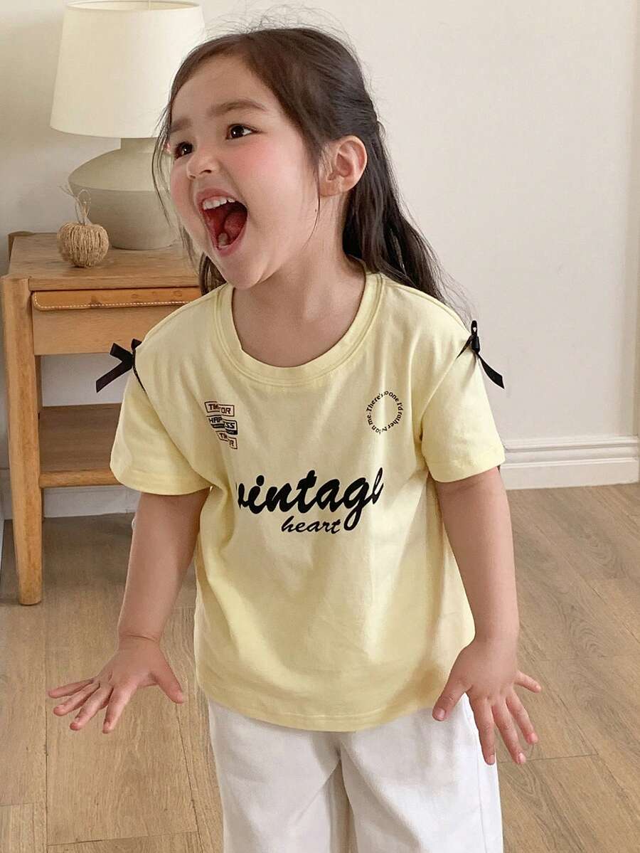 DAZY 嬰兒/幼兒(女童)圓領韓式英文印花短袖上衣 - 藍色 - 查看 1