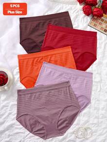 NudeFit 5PCS Women Plus Size Comfy Stretch High Waisted Striped Seamless Full-Coverage Panties - Multicolor - View 6