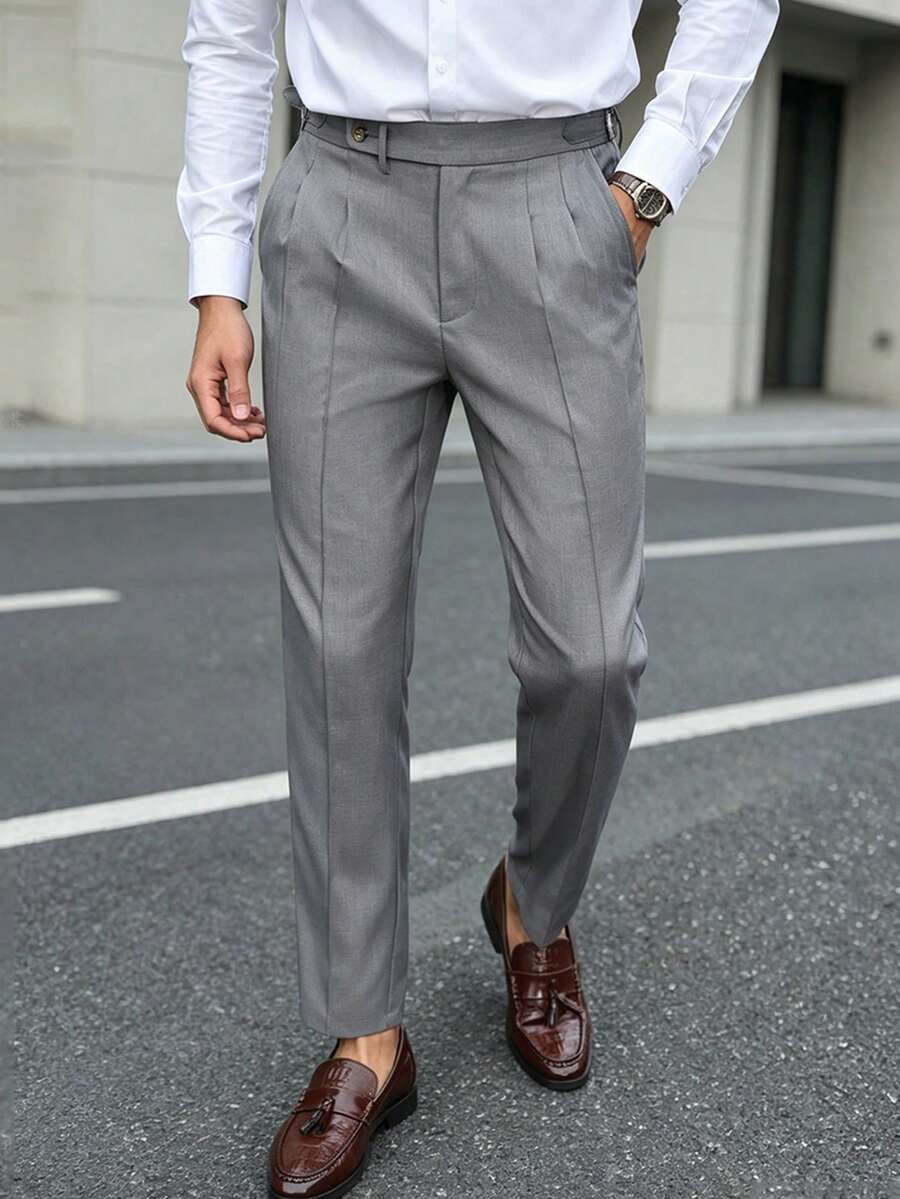 Manfinity Bizformal 男士錐形長褲,腰部扣環設計,商務休閒長褲,修身復古時尚西裝褲,禮儀正式場合適用 - 灰色 - 查看 1