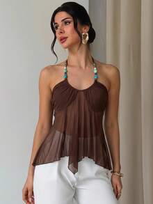 Top camisola elegante bohemio para vacaciones de mujer, decoración de cuentas marrones, dobladillo en línea A, malla de punto transparente, estilo callejero boho, vibra tropical sexy - Marrón - Ver 8