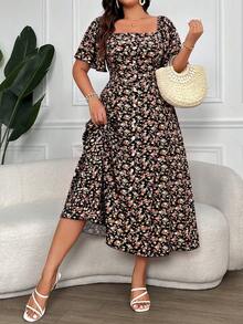 Vionelle Plus Size Women's Ditsy Floral Print Square Collar Buttoned Dress Maxi Women Outfit - Black - View 4
