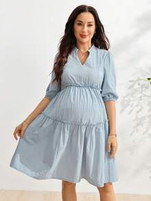 SHEIN Maternity Solid Color Notch V-Neck Short Sleeve Casual Nursing Dress Baby Shower Summer - Blue - View 8