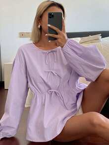 DAZY 女款圓領蝴蝶結寬鬆休閒度假襯衫 - 紫色 - 查看 4