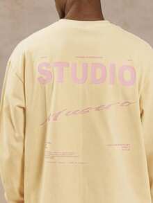 Camiseta de manga larga con cuello redondo oversize con estampado gráfico de eslogan "MUSERO STUDIO" Esenciales de primavera y verano - Crema - Ver 5