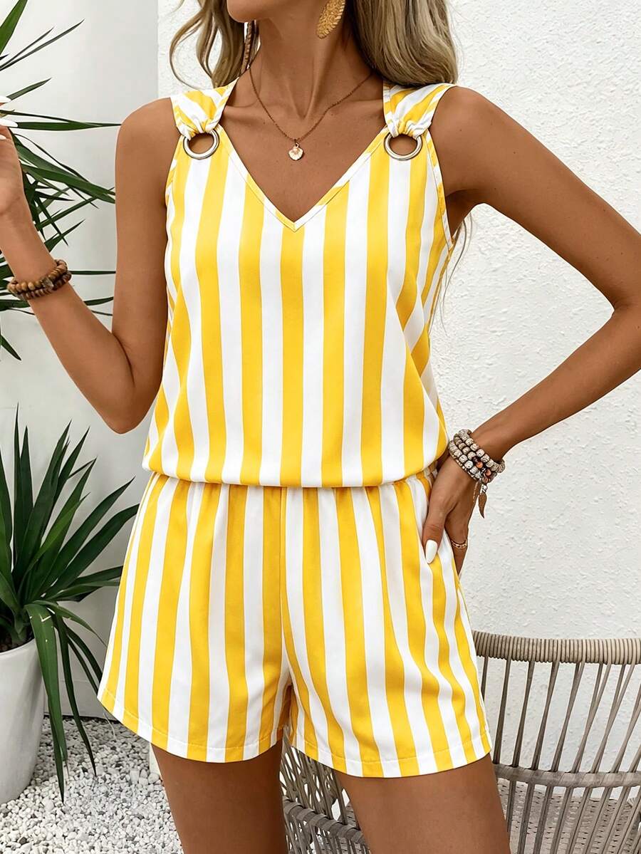 EMERY ROSE V-Neck Sleeveless Casual Minimalist Striped Women's 2 Pieces Set - Multicolor - View 1