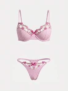 lacRébo Romantic Pink Gingham Lingerie Set With Floral Lace Trim Cute Spring Summer Style - Pink - View 6