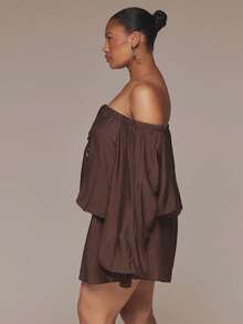MUSERA Curve Brown Bardot Off Shoulder Lace Up Front Long Sleeve Playsuit - Brown - View 4